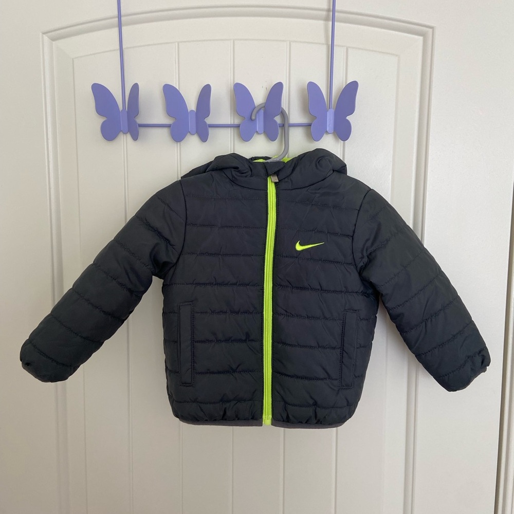 EUC | Nike baby‎ boy’s gray neon hooded zip puffer jacket winter 12 months